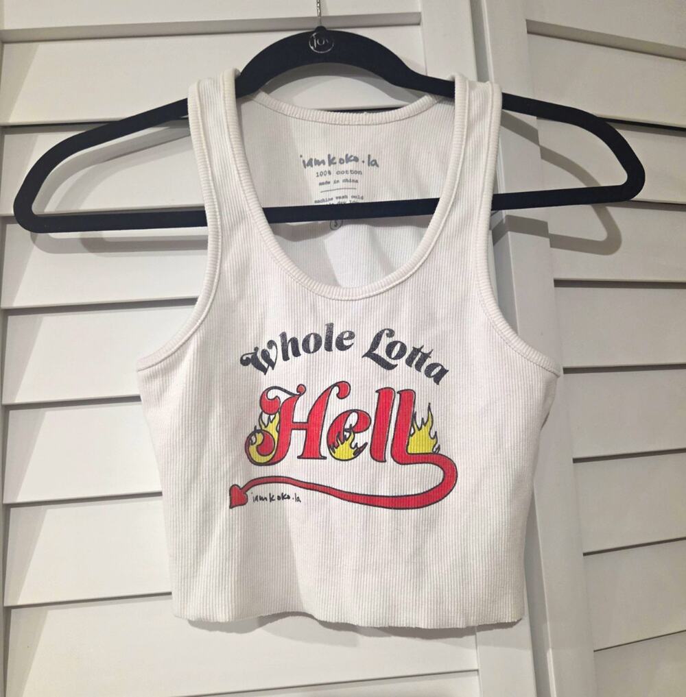 iamkoko.la Women's S White Cropped Graphic Tank Top "Whole Lotta Hell"